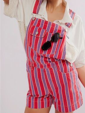 NWOT Damson Madder Greta Short Dungarees Overalls Red Blue Stripe US 12